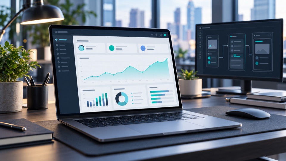 Laptop displaying a business application dashboard and workflow