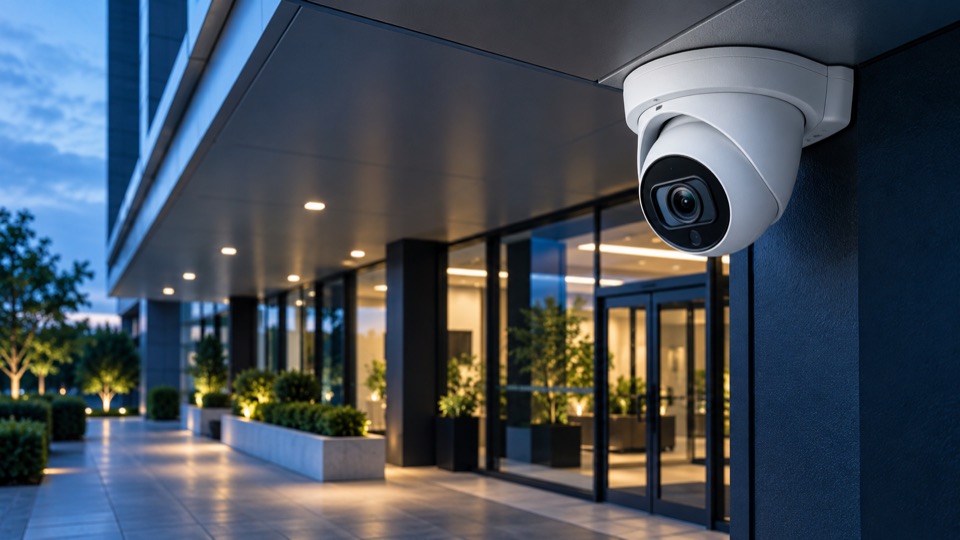CCTV camera installed at the entrance of a commercial building