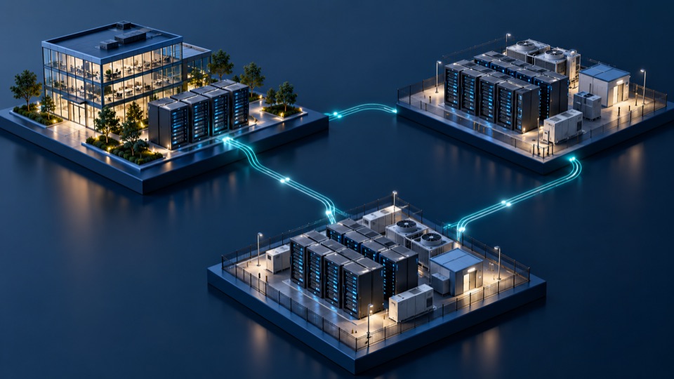 Concept illustration of separate cloud and office environments linked by network connections