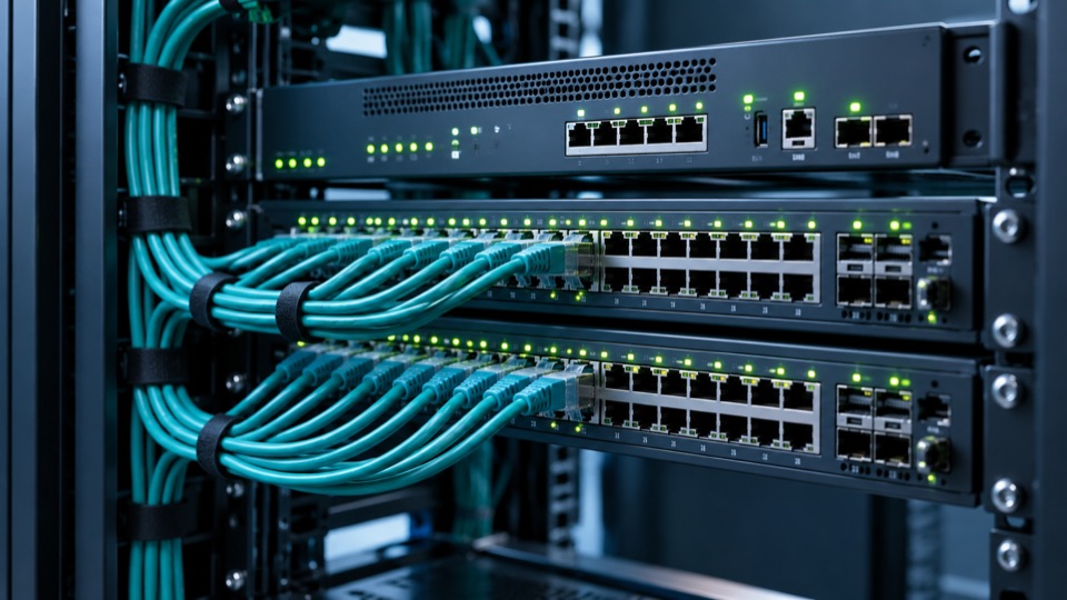 Network switches with neatly organised teal Ethernet cables