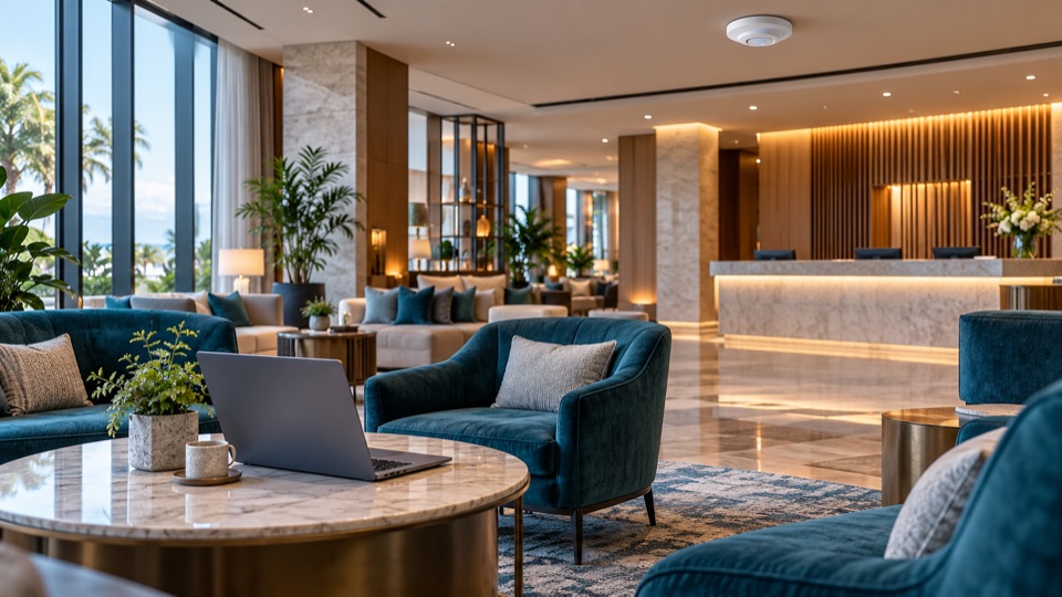 Hotel lounge with a ceiling wireless access point and a guest laptop