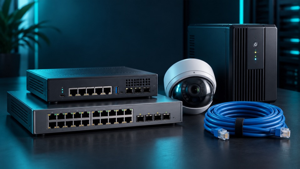 A selection of networking, surveillance, power and cabling equipment